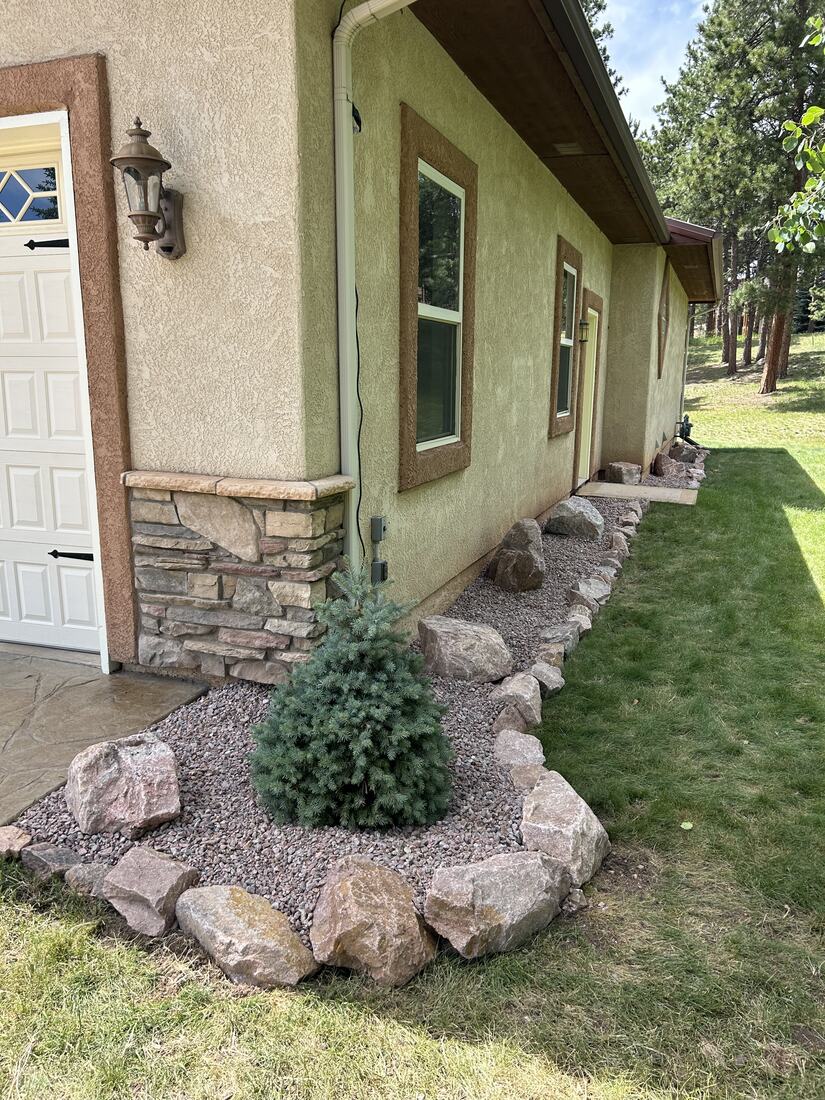 Foundation planting bed with boulder border and evergreen shrub along the house